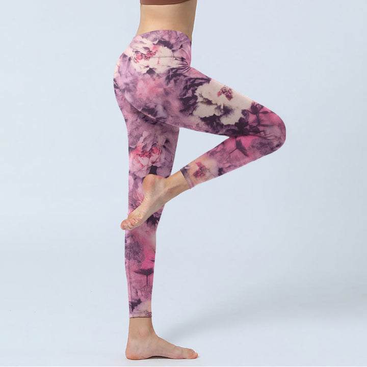 Leggings de yoga para mujer con estampado de flores de peonía morada y Buddha Stones - image 3