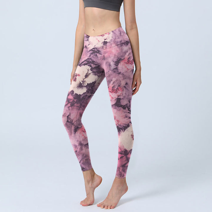 Leggings de yoga para mujer con estampado de flores de peonía morada y Buddha Stones - Orquídea - US18，UK/AU22，EU50 (4XL) - image 1