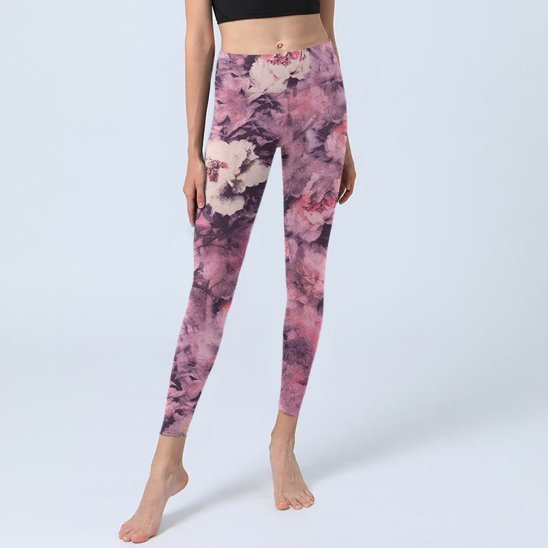 Leggings de yoga para mujer con estampado de flores de peonía morada y Buddha Stones - image 5