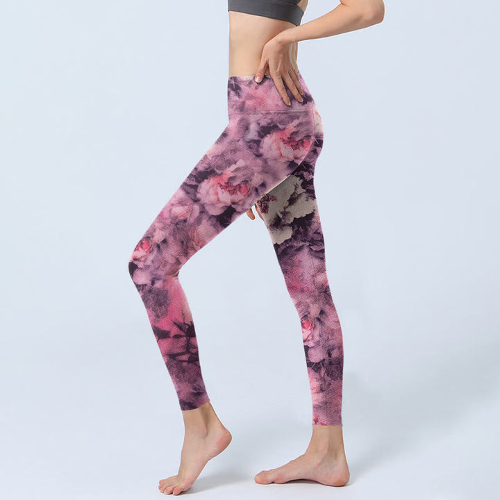 Leggings de yoga para mujer con estampado de flores de peonía morada y Buddha Stones - image 2