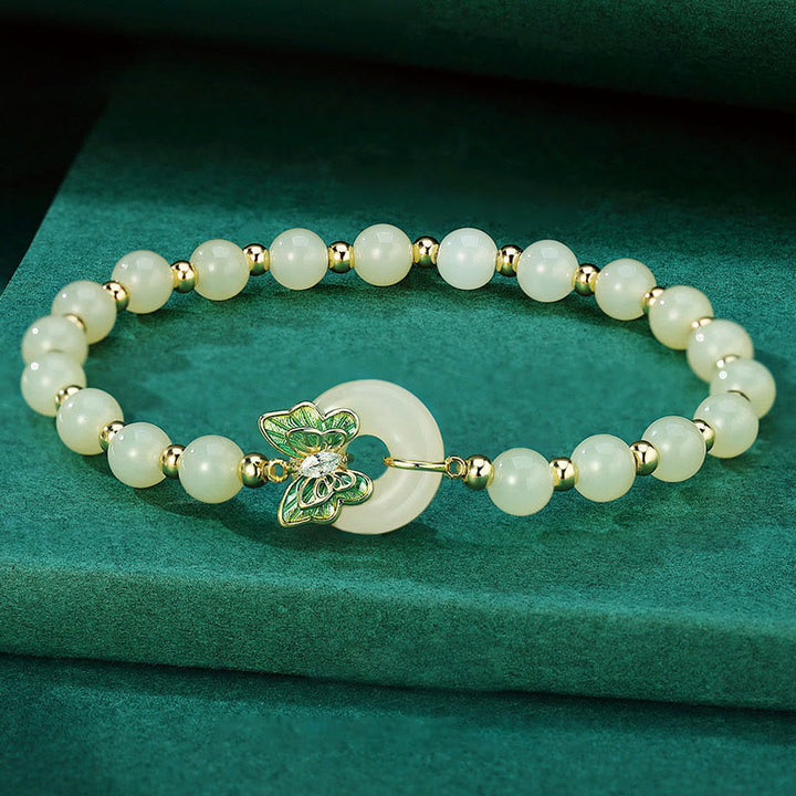 Pulsera con colgante de plata de ley 925 con Buddha Stones , jade hetiano natural, hebilla de la paz, mariposa, circonita, suerte