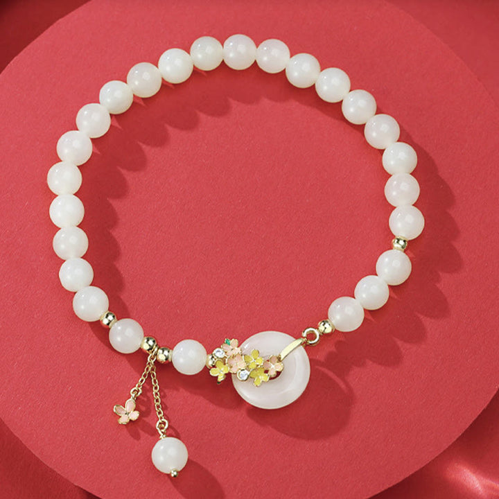 Pulsera con colgante de plata de ley 925 con Buddha Stones , jade hetiano natural, flores de osmanthus, hebilla de la paz, circonita de la suerte