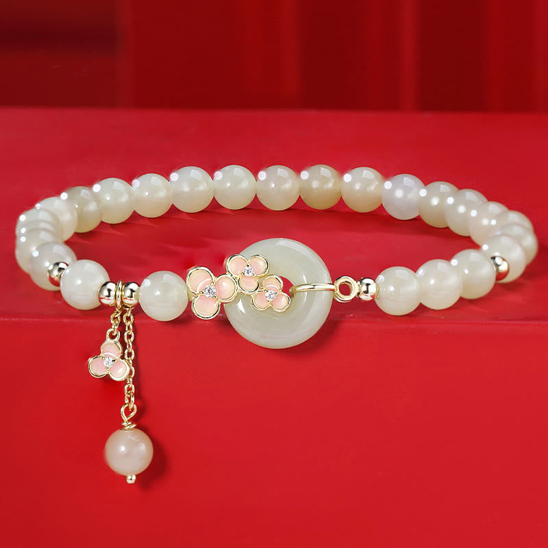 Pulsera con colgante de plata de ley 925 con Buddha Stones , jade hetiano natural, flor de melocotón, hebilla de la paz, circón, suerte - Pulsera de jade (circunferencia de muñeca: 14-17 cm) - image 0