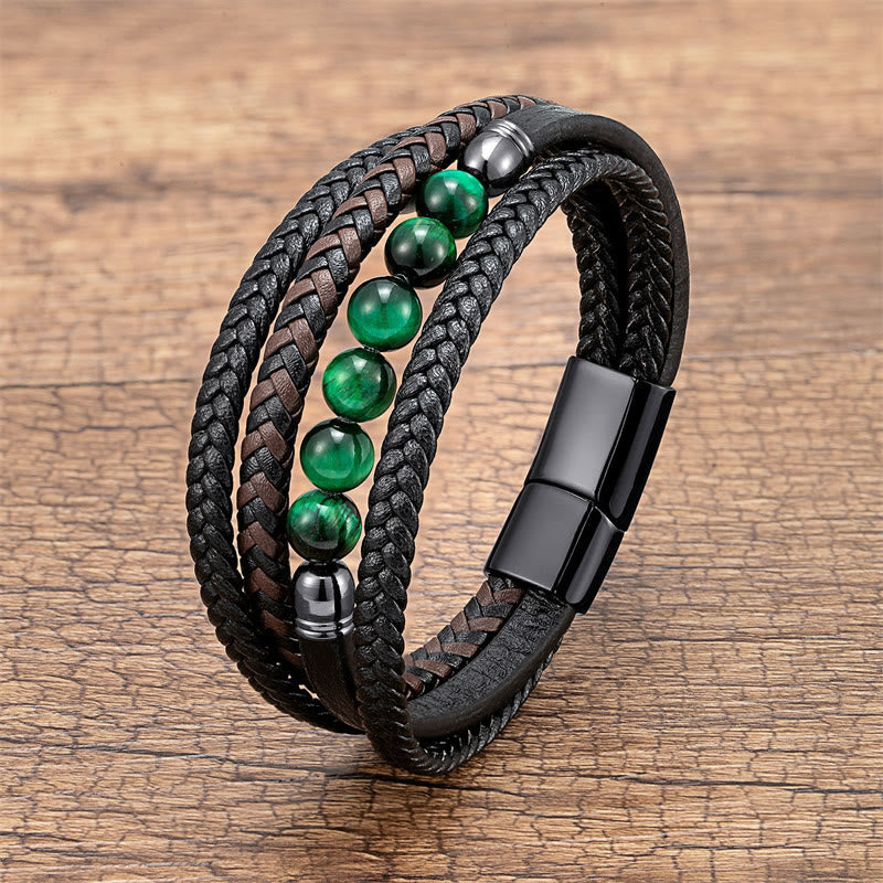 Pulsera de cuero con cuentas de hematita, lazurita, ónix negro y piedra de lava de ojo de tigre de Buddha Stones
