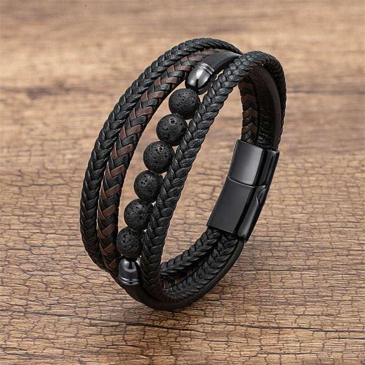 Pulsera de cuero con cuentas de hematita, lazurita, ónix negro y piedra de lava de ojo de tigre de Buddha Stones