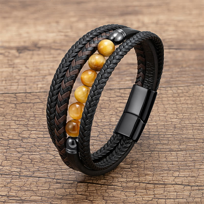 Pulsera de cuero con cuentas de hematita, lazurita, ónix negro y piedra de lava de ojo de tigre de Buddha Stones