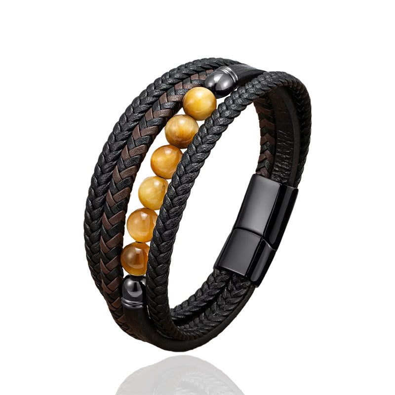 Pulsera de cuero con cuentas de hematita, lazurita, ónix negro y piedra de lava de ojo de tigre de Buddha Stones