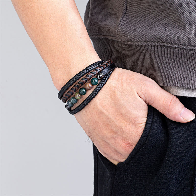 Pulsera de cuero con cuentas de hematita, lazurita, ónix negro y piedra de lava de ojo de tigre de Buddha Stones