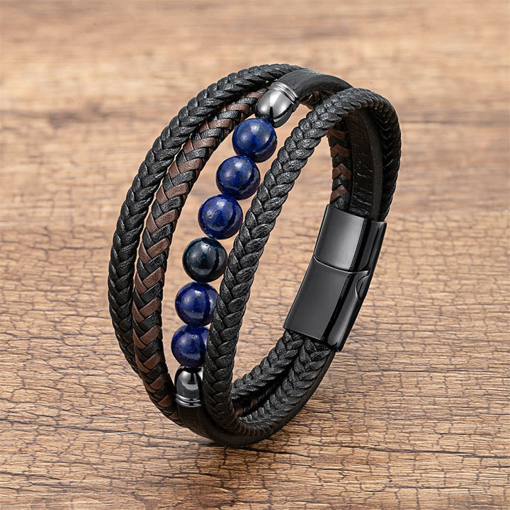Pulsera de cuero con cuentas de hematita, lazurita, ónix negro y piedra de lava de ojo de tigre de Buddha Stones