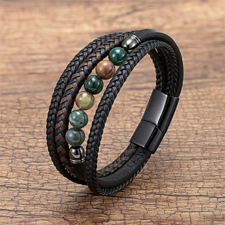 Pulsera de cuero con cuentas de hematita, lazurita, ónix negro y piedra de lava de ojo de tigre de Buddha Stones
