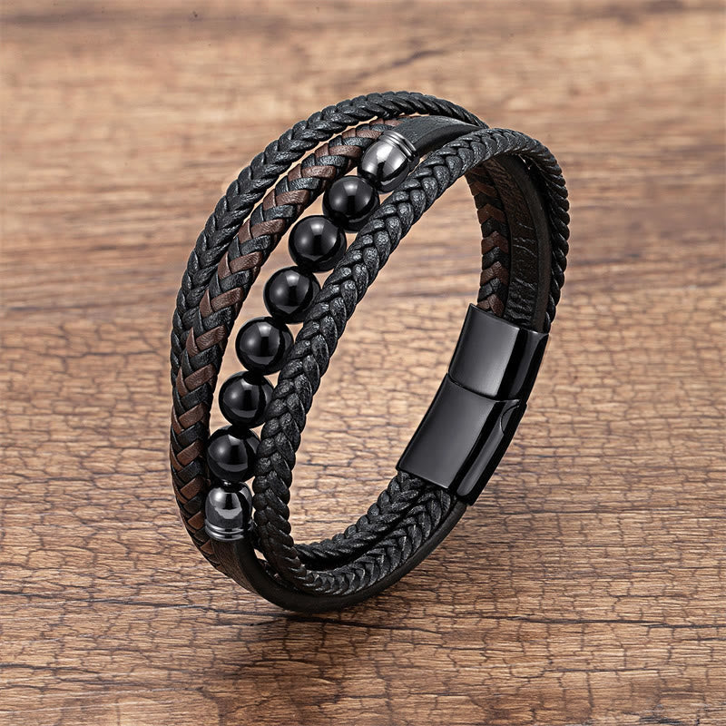 Pulsera de cuero con cuentas de hematita, lazurita, ónix negro y piedra de lava de ojo de tigre de Buddha Stones