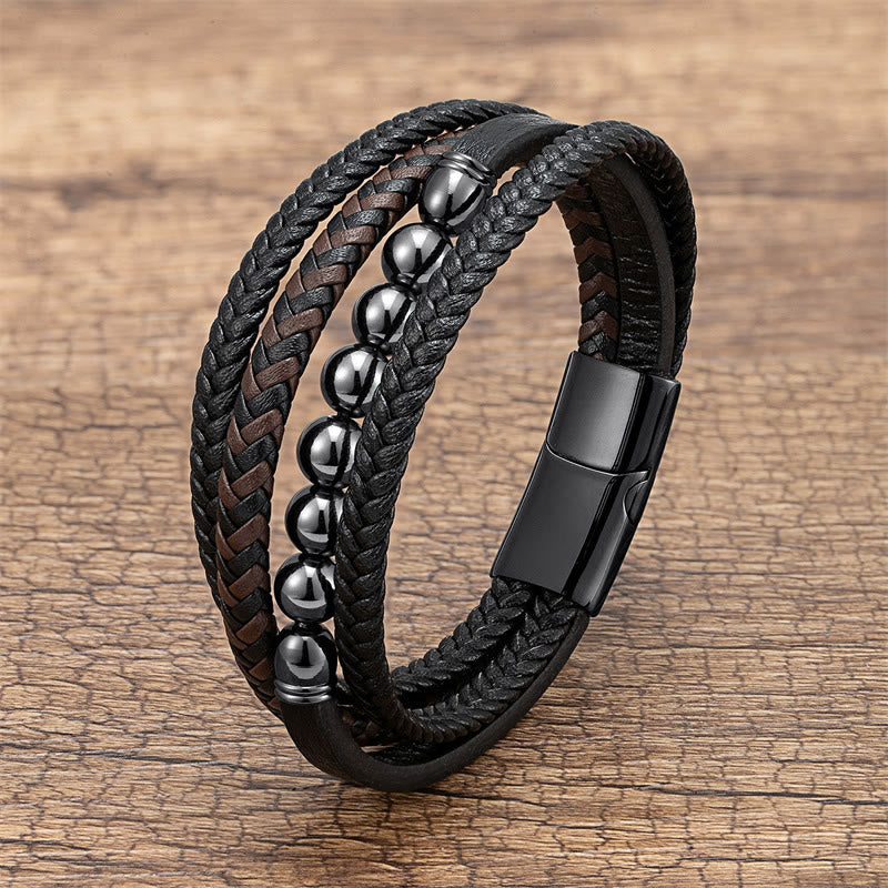 Pulsera de cuero con cuentas de hematita, lazurita, ónix negro y piedra de lava de ojo de tigre de Buddha Stones