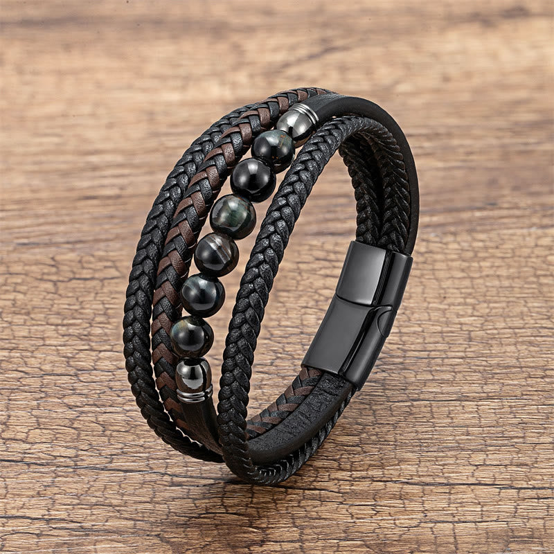 Pulsera de cuero con cuentas de hematita, lazurita, ónix negro y piedra de lava de ojo de tigre de Buddha Stones