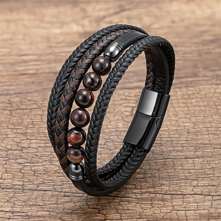 Pulsera de cuero con cuentas de hematita, lazurita, ónix negro y piedra de lava de ojo de tigre de Buddha Stones