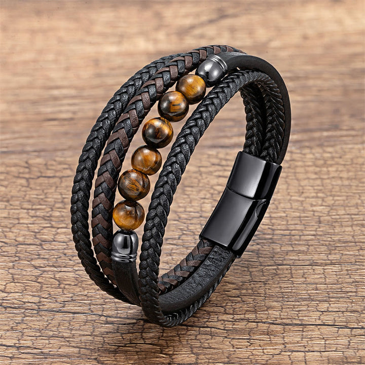 Pulsera de cuero con cuentas de hematita, lazurita, ónix negro y piedra de lava de ojo de tigre de Buddha Stones