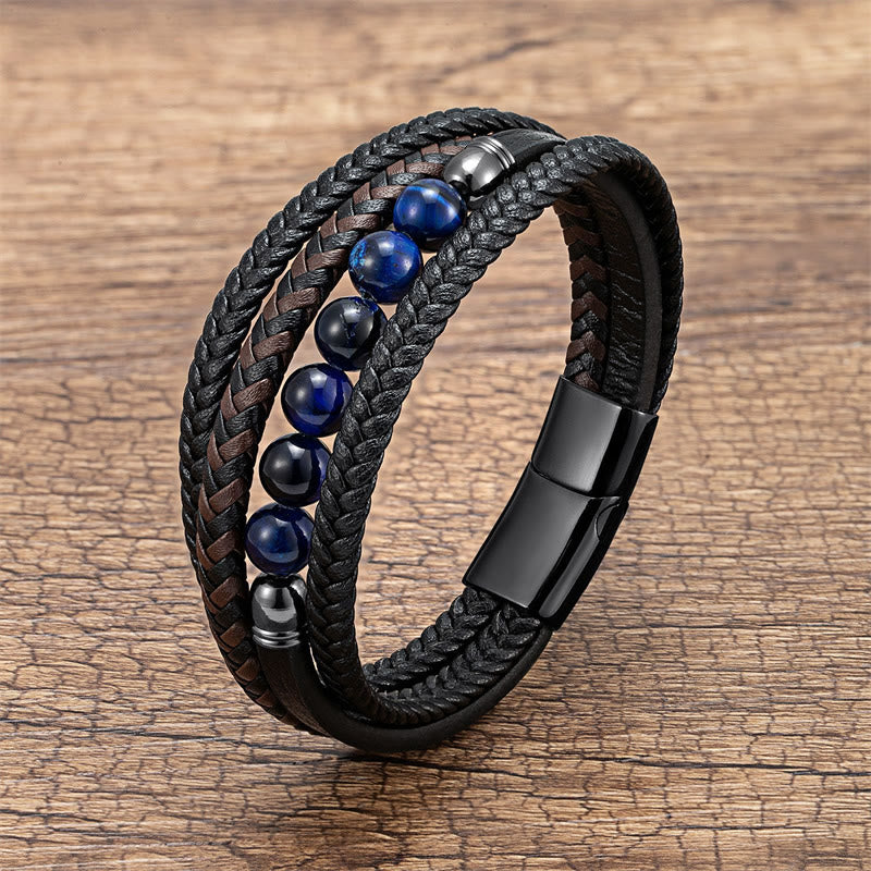 Pulsera de cuero con cuentas de hematita, lazurita, ónix negro y piedra de lava de ojo de tigre de Buddha Stones
