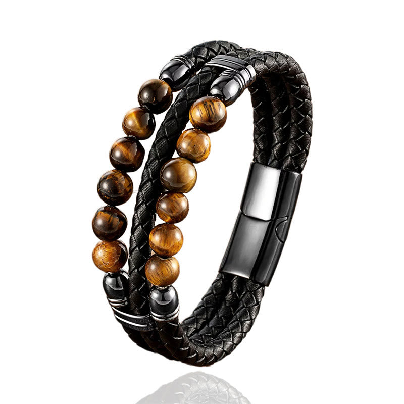 Pulsera de cuero con cuentas de lazurita, ónix negro, piedra de lava, ojo de tigre y hematita de Buddha Stones