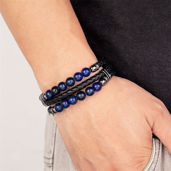 Pulsera de cuero con cuentas de lazurita, ónix negro, piedra de lava, ojo de tigre y hematita de Buddha Stones