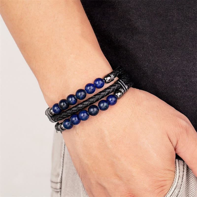 Pulsera de cuero con Buddha Stones, ojo de tigre, hematita, roca de lava, ónix negro, lazurita, lapislázuli y cuentas de protección. - image 18