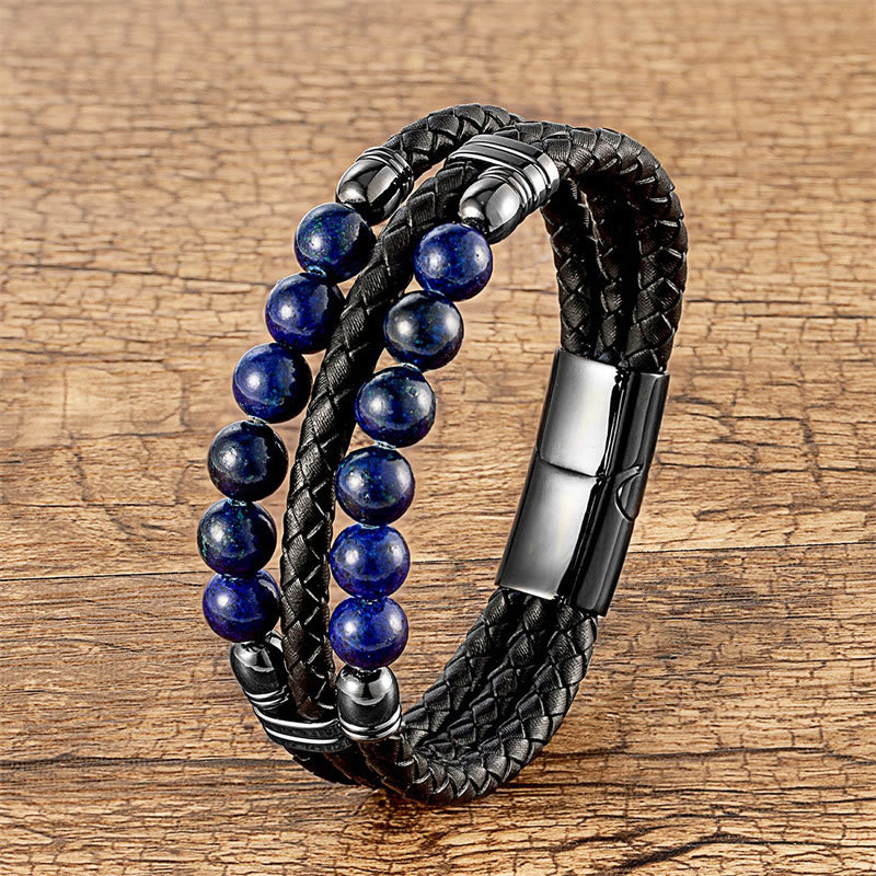 Pulsera de cuero con cuentas de lazurita, ónix negro, piedra de lava, ojo de tigre y hematita de Buddha Stones