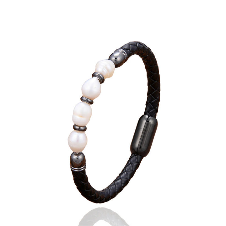Pulsera de cuero y titanio con hebilla de acero hecha a mano con perlas de forma irregular y Buddha Stones