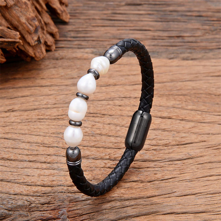Pulsera de cuero y titanio con hebilla de acero hecha a mano con perlas de forma irregular y Buddha Stones