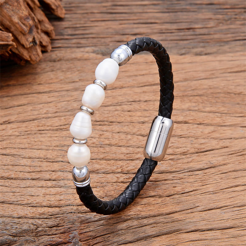 Pulsera de cuero y titanio con hebilla de acero hecha a mano con perlas de forma irregular y Buddha Stones