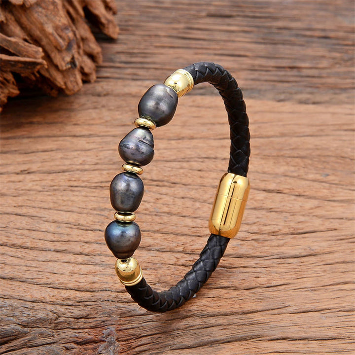 Pulsera de cuero y titanio con hebilla de acero hecha a mano con perlas de forma irregular y Buddha Stones