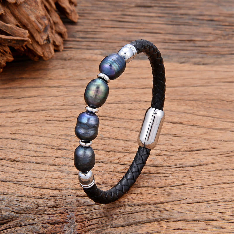 Pulsera de cuero y titanio con hebilla de acero hecha a mano con perlas de forma irregular y Buddha Stones