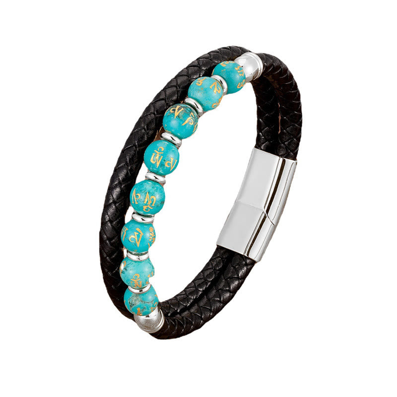 Pulsera de cuero con Buddha Stones, ónix negro, turquesa, ojo de tigre, ágata roja, Om Mani Padme Hum
