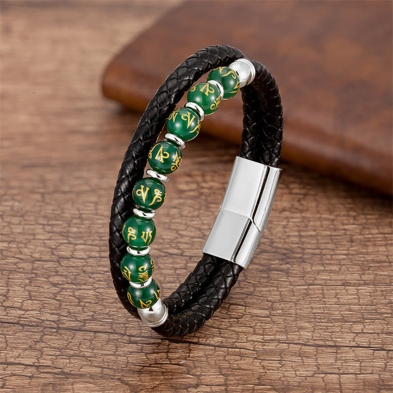 Pulsera de cuero con Buddha Stones, ónix negro, turquesa, ojo de tigre, ágata roja, Om Mani Padme Hum