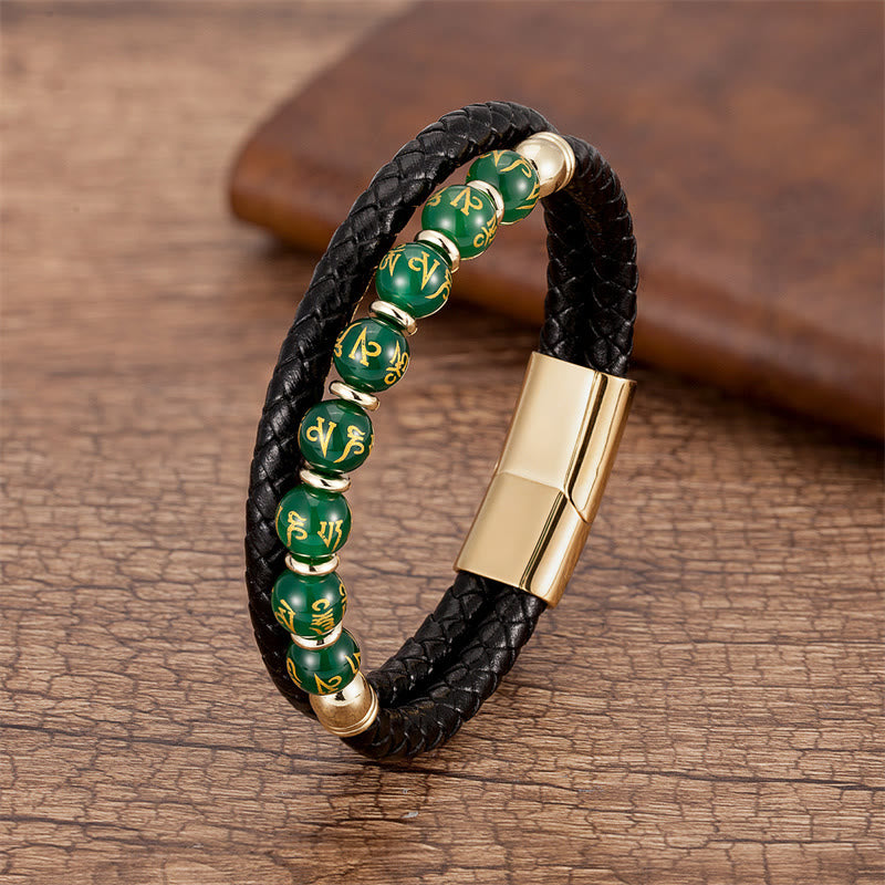 Pulsera de cuero con Buddha Stones, ónix negro, turquesa, ojo de tigre, ágata roja, Om Mani Padme Hum
