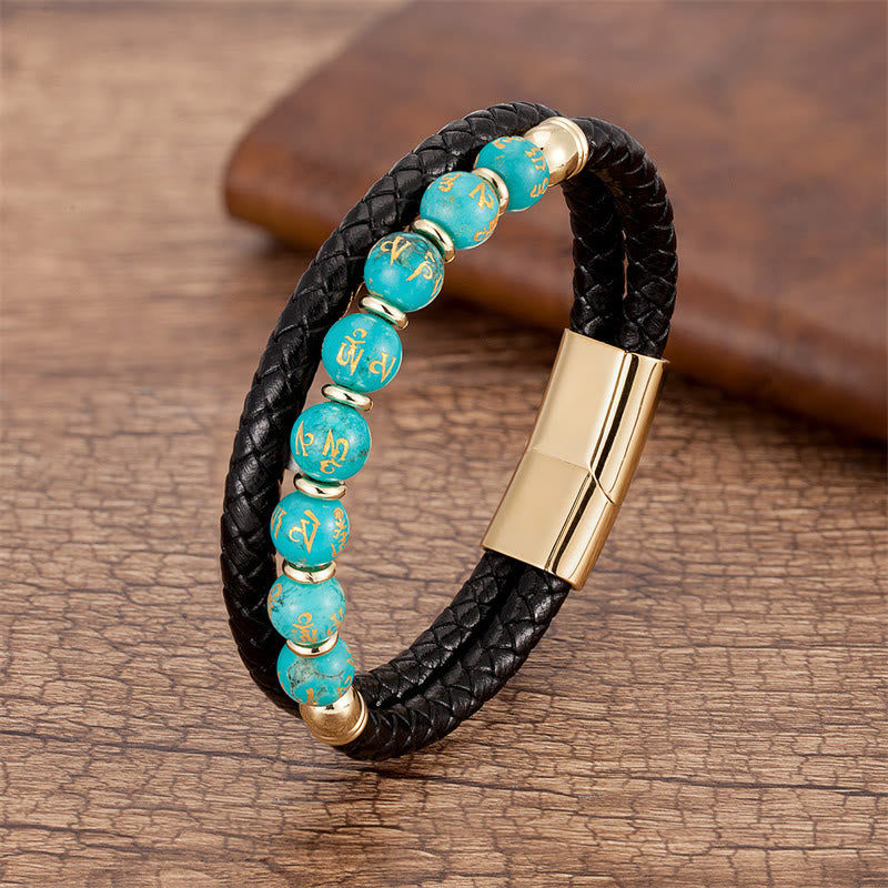 Pulsera de cuero con Buddha Stones, ónix negro, turquesa, ojo de tigre, ágata roja, Om Mani Padme Hum