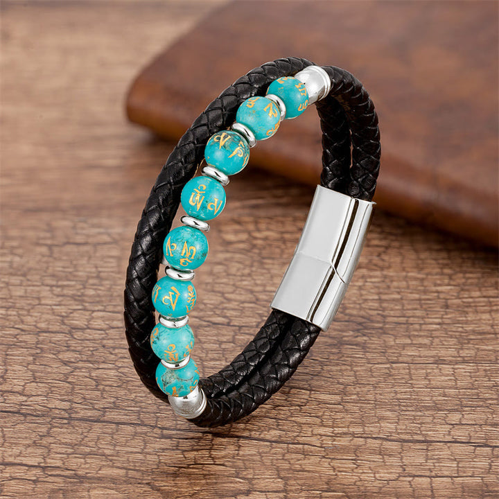 Pulsera de cuero con Buddha Stones, ónix negro, turquesa, ojo de tigre, ágata roja, Om Mani Padme Hum