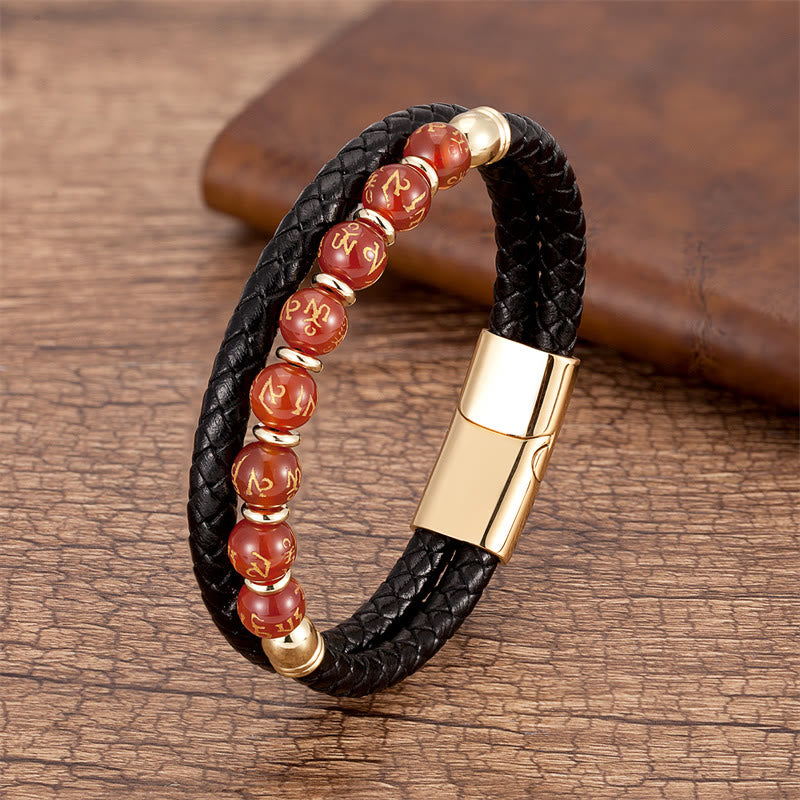 Pulsera de cuero con Buddha Stones, ónix negro, turquesa, ojo de tigre, ágata roja, Om Mani Padme Hum