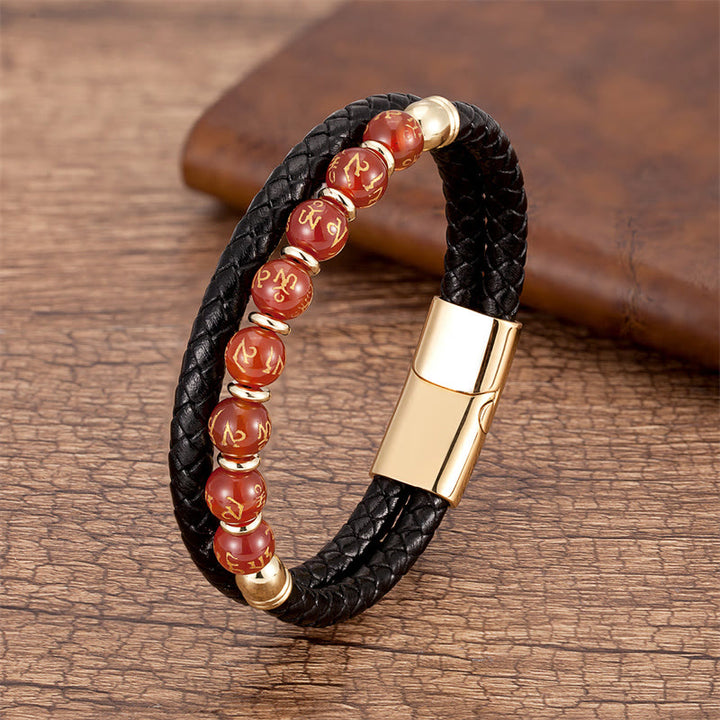 Pulsera de cuero con Buddha Stones, ónix negro, turquesa, ojo de tigre, ágata roja, Om Mani Padme Hum