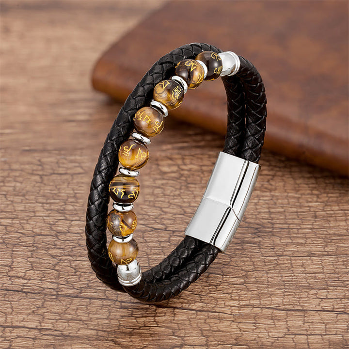 Pulsera de cuero con Buddha Stones, ónix negro, turquesa, ojo de tigre, ágata roja, Om Mani Padme Hum