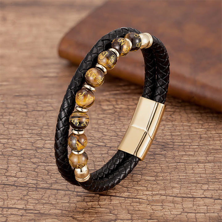 Pulsera de cuero con Buddha Stones, ónix negro, turquesa, ojo de tigre, ágata roja, Om Mani Padme Hum