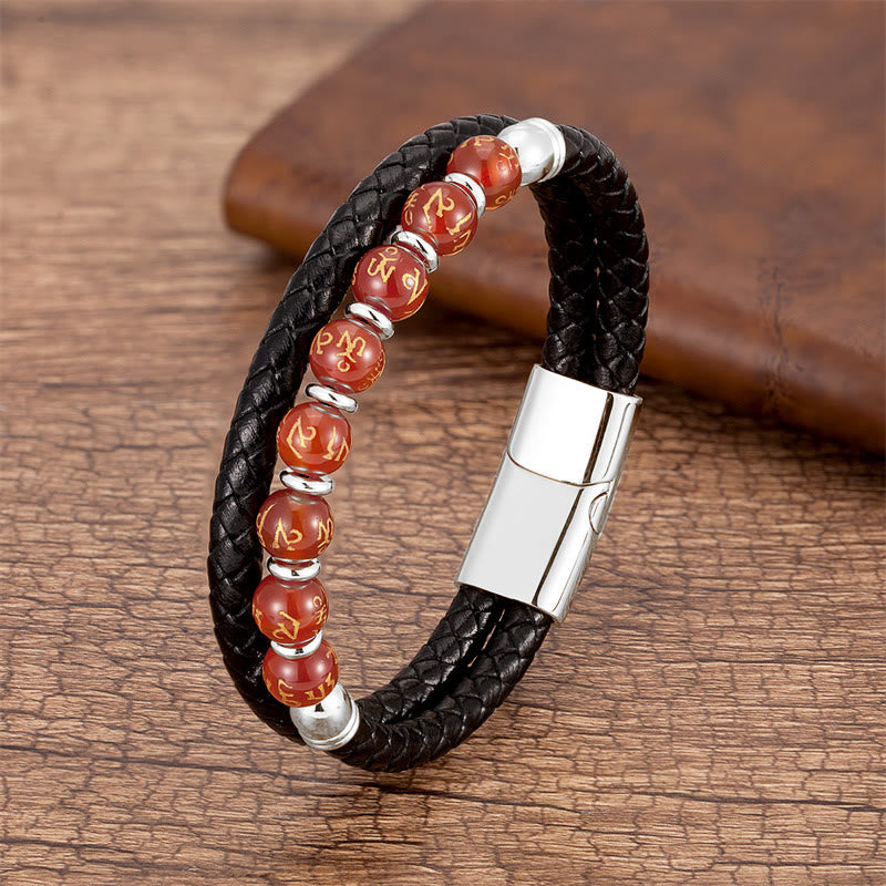Pulsera de cuero con Buddha Stones, ónix negro, turquesa, ojo de tigre, ágata roja, Om Mani Padme Hum