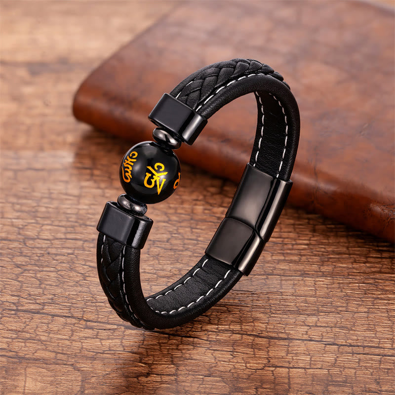 Pulsera de cuero con Buddha Stones, lazurita, ónix negro, ojo de tigre, roca de lava y Om Mani Padme Hum Serenity