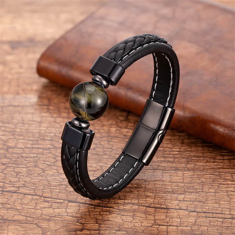 Pulsera de cuero con Buddha Stones, lazurita, ónix negro, ojo de tigre, roca de lava y Om Mani Padme Hum Serenity