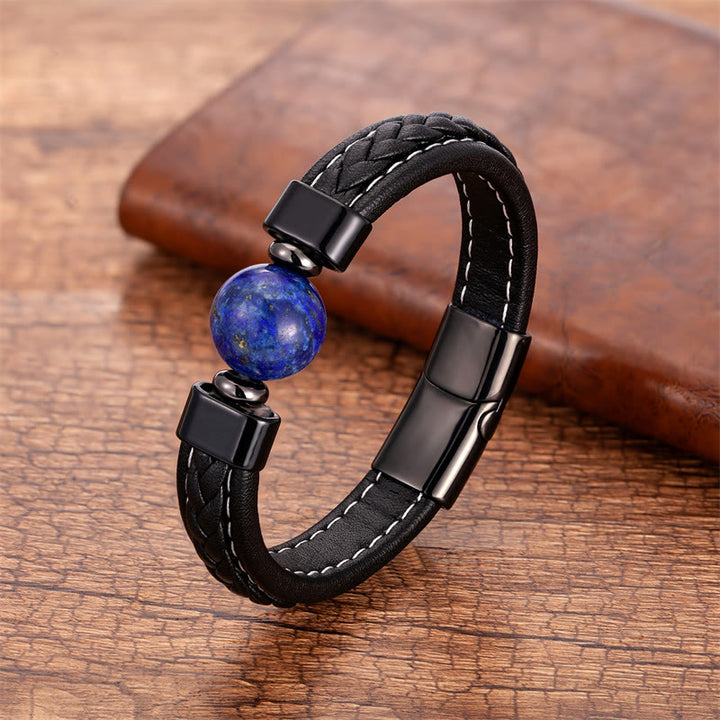 Pulsera de cuero con Buddha Stones, lazurita, ónix negro, ojo de tigre, roca de lava y Om Mani Padme Hum Serenity