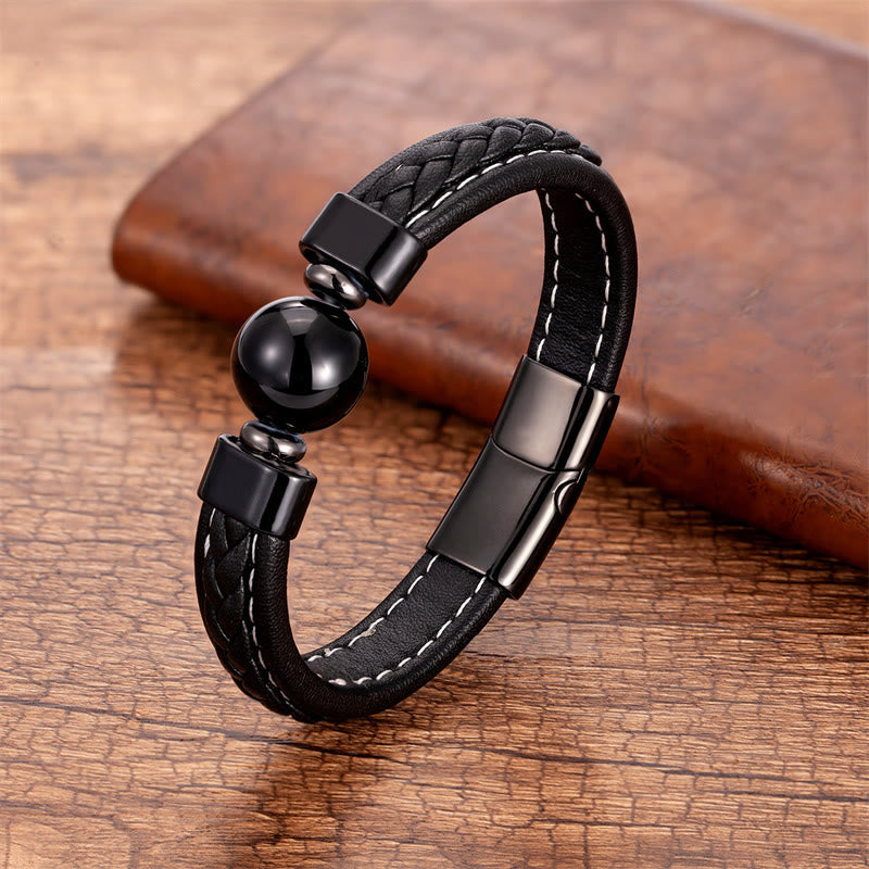 Pulsera de cuero con Buddha Stones , lazurita, lapislázuli, ónix negro, ojo de tigre, roca de lava, Om Mani Padme Hum, serenidad - Ónix negro - 18-22 cm - image 2