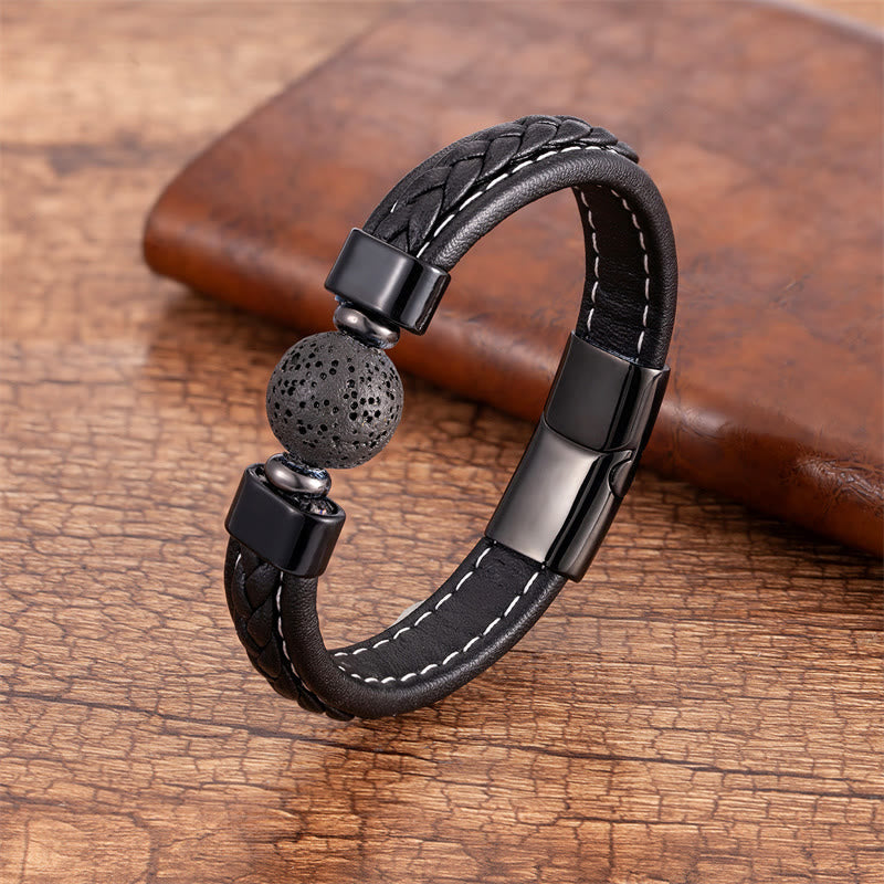 Pulsera de cuero con Buddha Stones, lazurita, ónix negro, ojo de tigre, roca de lava y Om Mani Padme Hum Serenity