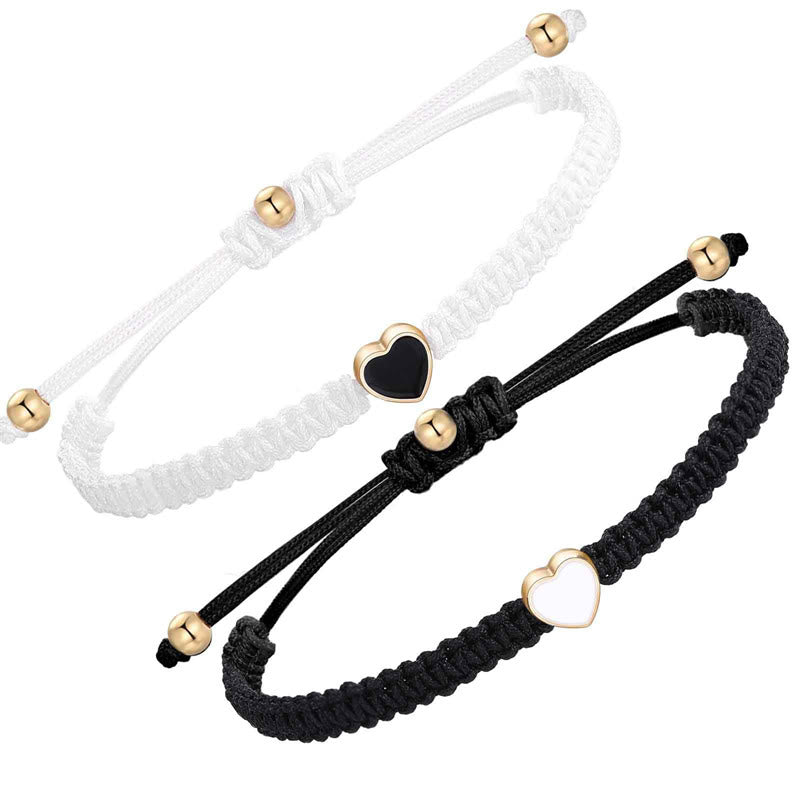 Pulsera de pareja de 2 piezas de Buddha Stones hechas a mano con cuerda trenzada y corazón de amor y suerte