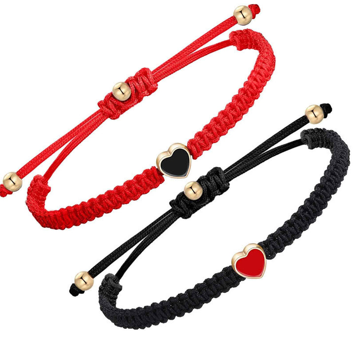 Pulsera de pareja de 2 piezas de Buddha Stones hechas a mano con cuerda trenzada y corazón de amor y suerte