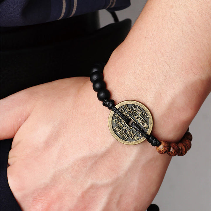 Pulsera de la paz con monedas de cobre, Bagua, Buddha Stones , madera de ébano, madera de wengué, fantasmas de las montañas, dinero gastado