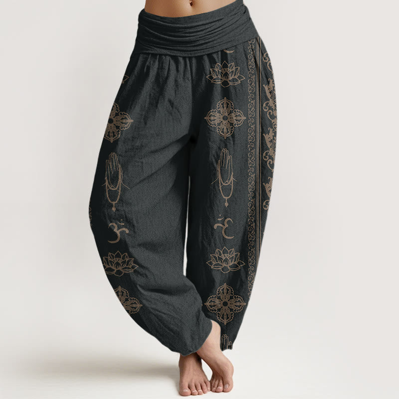 Pantalones bombachos de cintura elástica para mujer con diseño de flores de loto de algodón con Buddha Stones, doble dorje vajra namaste om. - Negro - US22，UK/AU26，EU54 (6XL) - image 0