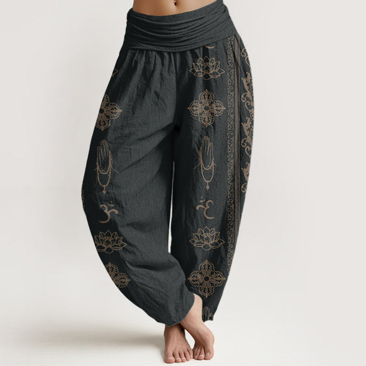 Pantalones bombachos de cintura elástica para mujer con diseño de flores de loto de algodón con Buddha Stones, doble dorje vajra namaste om. - Negro - US22，UK/AU26，EU54 (6XL) - image 0