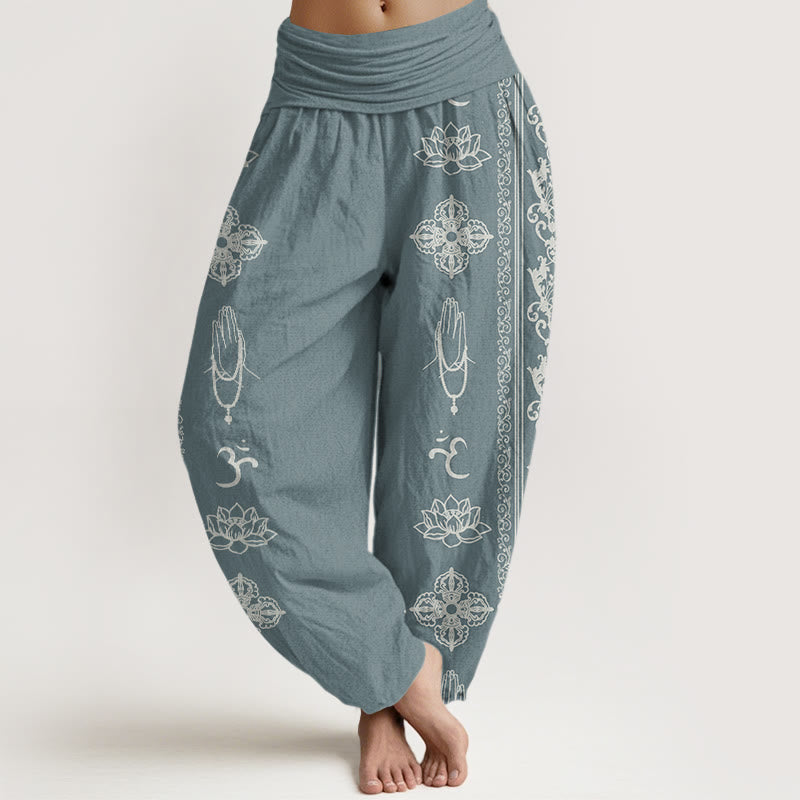 Pantalones bombachos de cintura elástica para mujer con diseño de flores de loto de algodón con Buddha Stones, doble dorje vajra namaste om. - Cadete Azul - US22，UK/AU26，EU54 (6XL) - image 4